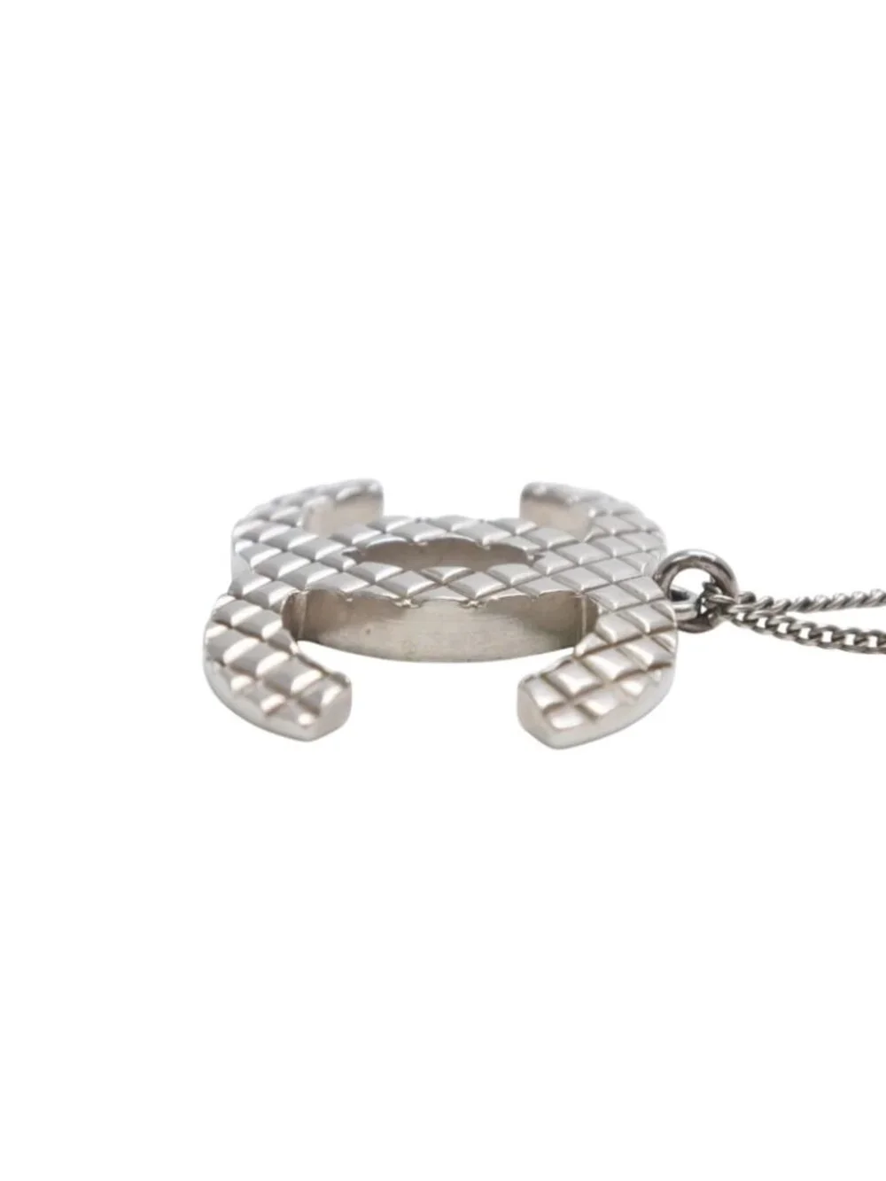 Chanel CC Logo Necklace 07 47.5 Quilted Metal Silver